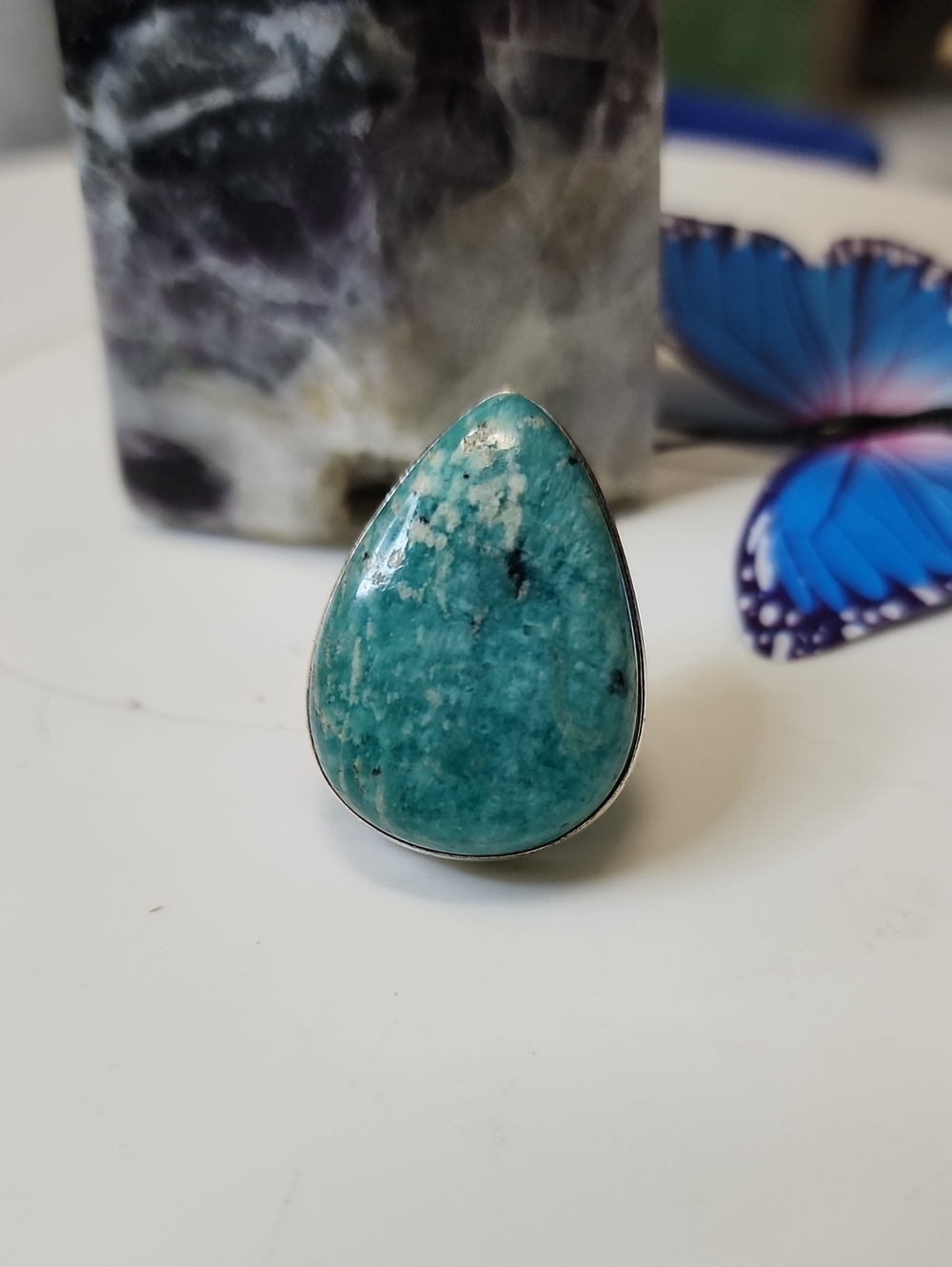 Teardrop Amazonite Stone Ring - Blue Green Gemstone